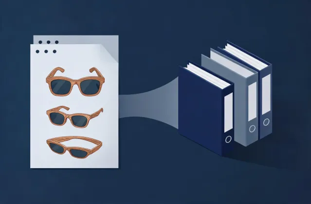 Illustration of a wood sunglasses specification brief handing off to quotation folders