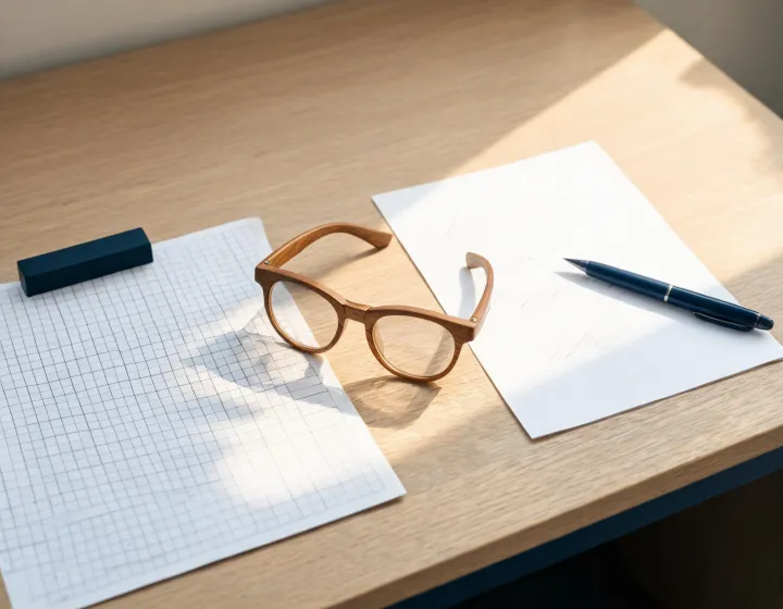 Unlabeled wood sunglasses beside a written procurement brief