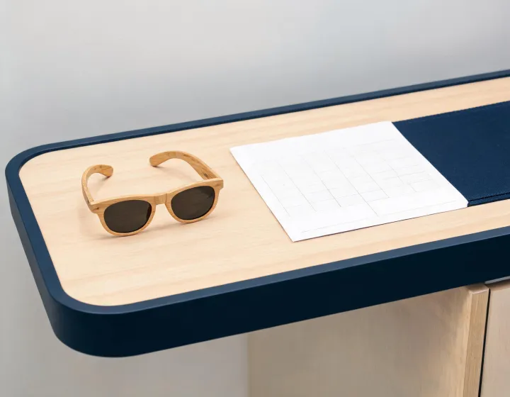 Women bamboo polarized wooden sunglasses on an optical intake bench